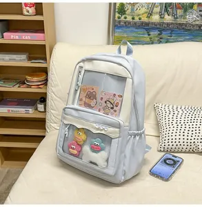 Gros plan sur les details du sac a dos transparent avec ses adorables pendentifs en peluche.
