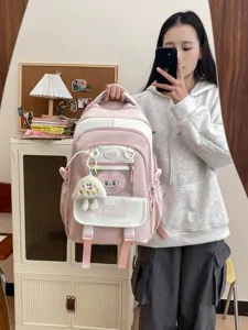 Rosa-weißer Schüler-Rucksack mit großer Kapazität, süßem Mehrfachtaschen-Design für Alltag.