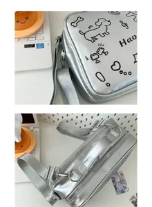 Silver metallic crossbody ita bag with cute embroidery details, perfect for anime fans and daily.