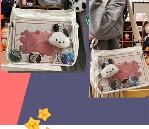 Casual versatile ACG transparent badge crossbody ita bag, white PU shoulder bag with plush doll.