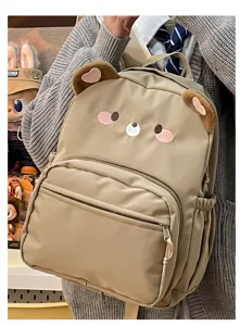 Zaino beige carino da donna con orecchie di orsetto in peluche e ricamo per uso quotidiano