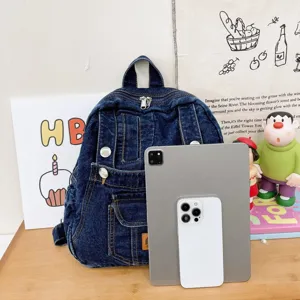 Women denim backpack vintage casual school bookbag stylish campus travel daypack bag
