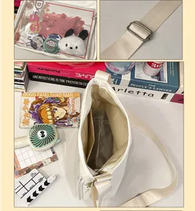 Casual white ita bag with clear window for pins and badges, large capacity canvas crossbody bag