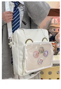 White Ita Bag Canvas Crossbody Shoulder Bag Cute Bear Ears Clear Window Display Pin Bag