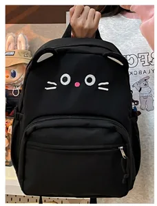 Zaino nero da gatto carino per ragazze, borsa casual in tela con orecchie di gatto kawaii.