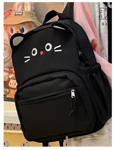 Zaino nero carino con orecchie di gatto per ragazze, borsa scolastica casual ricamata.