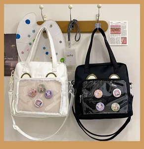 Canvas ita bag with transparent pocket and cute bear ears for enamel pins and daily wear