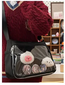 Black ita bag with transparent window for anime badges and plush charms, casual crossbody bag.
