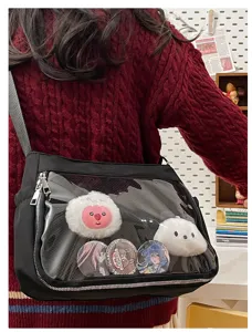 Casual versatile transparent ita bag crossbody canvas shoulder bag with clear window for pins and badges