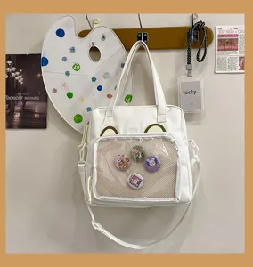 Cute white ita bag with clear window, large capacity shoulder crossbody bag for anime fans.