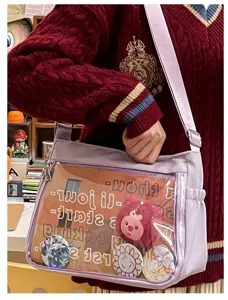 Kawaii ita bag with transparent front window for pins and badges, cute purple shoulder bag for daily