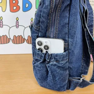 Dark denim backpack with side pocket and phone insert casual travel daily vintage rucksack