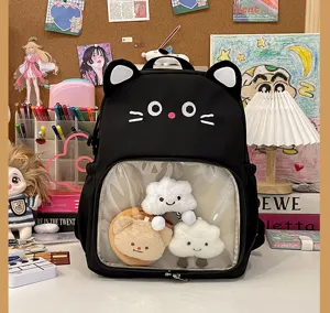 Zaino gatto nero carino con finestra trasparente per spille, borsa scolastica studentesca