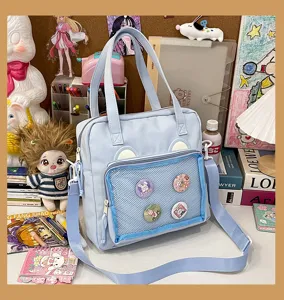 Light blue ita bag shoulder crossbody canvas bag with clear mesh pocket and cute pins
