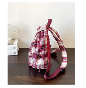 Retro red white plaid mini backpack for women, casual cute daily school bookbag bag.