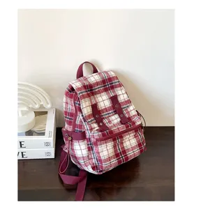 Red white plaid backpack women retro vintage casual school book bag stylish daypack