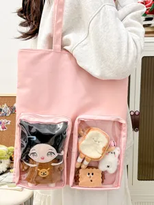 Ροζ τσάντα Ita Bag διαφανείς μπροστινές τσέπες καμβάς τσάντα ώμου χαριτωμένη για κούκλες