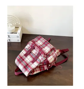 Red and white plaid backpack, casual daily school bookbag, stylish vintage rucksack.