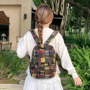 Vintage Woolen Plaid Backpack For Women Casual Retro Checkered School Bookbag Travel Daypack Pocket Book Bag