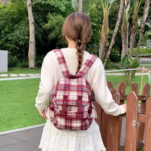 Japanese style retro red plaid backpack for women casual campus travel double shoulder bag