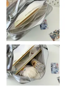 Silver metallic ita bag for 20cm dolls, anime peripheral multi-compartment crossbody bag.