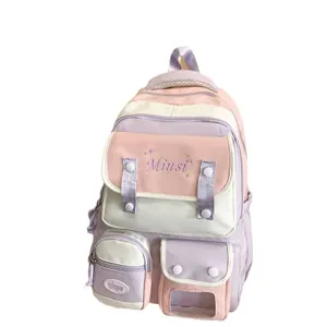 Pastellfarbener Block-Studentenrucksack mit vielen Taschen, lässiger süßer College-Schulrucksack.