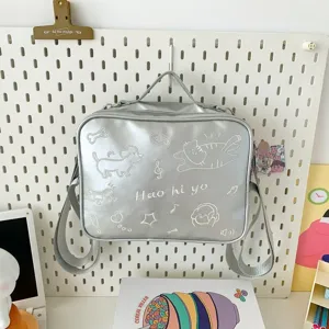 Silver metallic ita backpack, cute embroidered cat dog doodle shoulder bag for daily casual use.