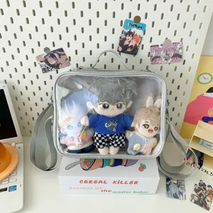 Transparent ita bag for 20cm cotton dolls, cute anime shoulder messenger bag with clear window.
