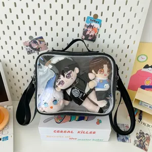 Clear PVC ita bag for 20cm plush dolls, cute transparent window shoulder backpack for anime.