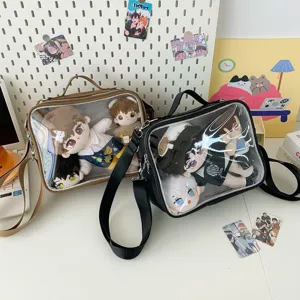 Transparent window ita bag for 20cm plush dolls, stylish black and brown crossbody bags.