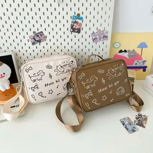 Cute cat dog doodle messenger bag wide strap casual canvas bag detail view cute daily style