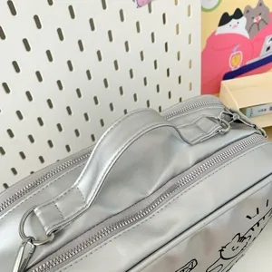 Silver ita bag double zipper shoulder bag cute cat embroidery college style casual daily