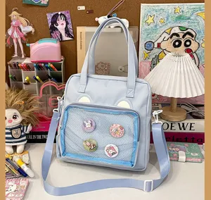 Cute light blue ita bag with clear mesh pocket and bear ears, large capacity shoulder bag.