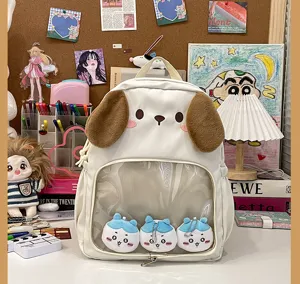 Zaino ita bianco in tela carina con orecchie da cucciolo e finestra trasparente per bambole.