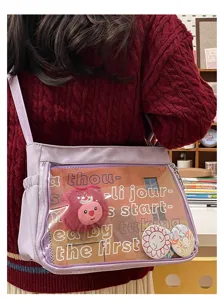 Cute purple transparent ita bag crossbody shoulder bag with cute bear plush and anime pins for women