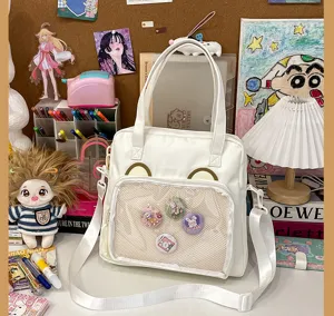 White canvas ita bag large capacity shoulder crossbody bag with clear display pocket