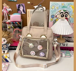 Cute bear ear itabag PU leather shoulder bag with clear transparent front pocket crossbody bag