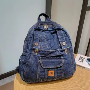 Vintage denim backpack for women, casual college style casual travel daypack with multiple pockets.
