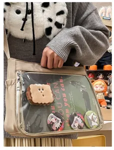 Detailed view of clear window ita bag with anime badges, durable canvas crossbody daily style.