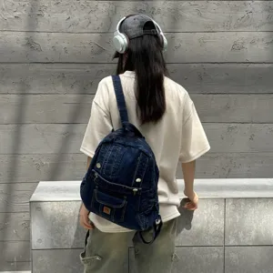 Vintage denim backpack casual style book bag retro shoulder bag for daily commute