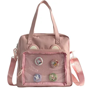 Pink Canvas Ita Bag Cute Bear Ears Shoulder Crossbody Bag Anime Clear Pocket Bag