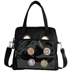 Black ita bag clear window shoulder crossbody bag with cute rabbit badges large capacity