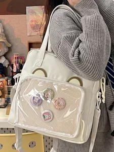 Kawaii Bear Ears Nylon Ita Bag Large Capacity Clear PVC Window Crossbody Shoulder Messenger Bag for Anime Badges Display