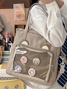 Cuteness canvas ita bag with clear window and bear ears, large capacity shoulder bag for students.