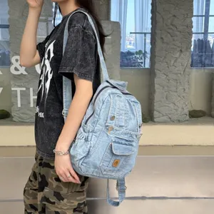 Detailed view of casual vintage denim backpack for women, perfect for daily commuting and travel.