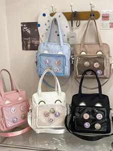 Large capacity ita bag shoulder crossbody bag with cute bear design and clear front pocket
