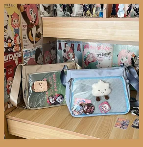 Transparent ita bag for anime badges, clear window cross-body shoulder bag with plush charms.