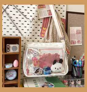 Transparent ita bag for anime badges, white crossbody canvas bag with clear display window.