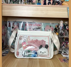 Transparent ita bag for anime badges, white crossbody shoulder bag with clear display pocket.