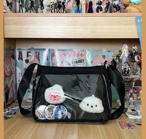 Black transparent ita bag for anime badges, versatile crossbody bag for daily casual use.